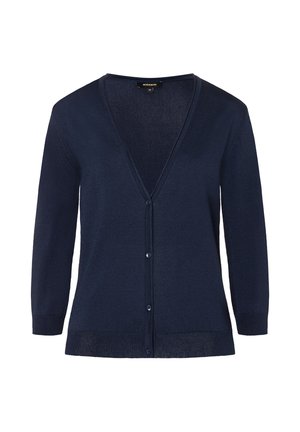 Navy blue cardigan made of soft knit material, featuring a V-neck, button front, and three-quarter sleeves with textured hem detail.