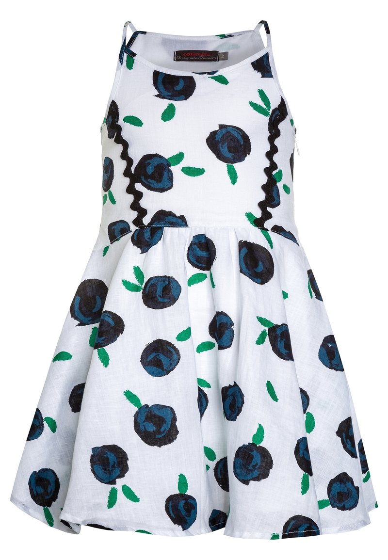 Vit bomullsklänning med en utsvängd kjol, prydd med blå rosor och gröna blad, dekorerad med svart rickracknert längs livdelen.