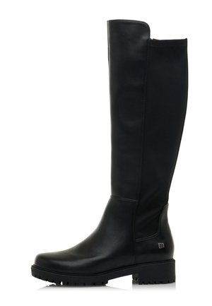 Stivali neri in pelle alti fino al ginocchio con una texture liscia, dettagli delle cuciture laterali e una suola robusta per una maggiore aderenza. Design semplice e funzionale.