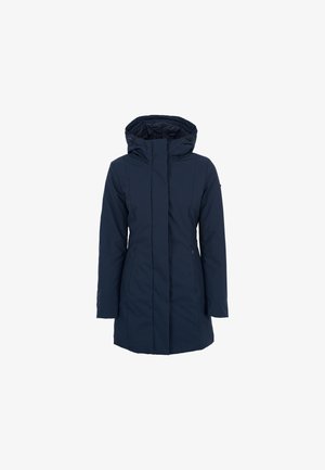 Giacca imbottita blu navy con colletto alto, cappuccio rimovibile e chiusura con zip anteriore. Presenta tasche laterali e tessuto texturizzato.