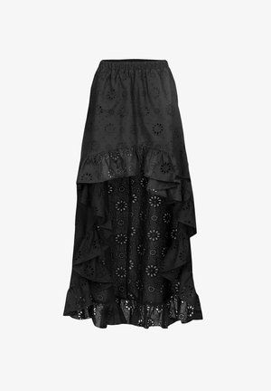 Zwarte rok met een elastische tailleband, gekenmerkt door gelaagde ruches en bloemen uitgesneden door de stof. De textuur is licht en luchtig.