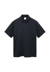 Námornícky modrá bavlnená polo košeľa s golierom, zapínaním na dva gombíky, krátkymi rukávmi a rovnom spodným lemom. Žiadne viditeľné vzory ani logá.