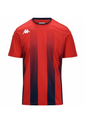 T-shirt sportivo rosso con strisce verticali blu navy, collo rotondo, maniche corte e logo Kappa sul petto sinistro e sulla manica. Tessuto leggero.