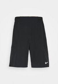 Schwarze Sportshorts aus leichtem Material, mit einem dehnbaren Taillenbund, seitlichen Taschen und einem weißen Nike-Logo an der unteren rechten Seite.