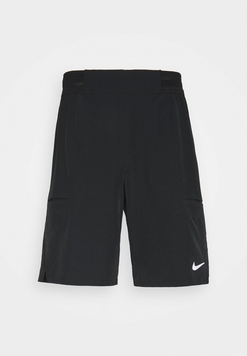 Schwarze Sportshorts aus leichtem Material, mit einem dehnbaren Taillenbund, seitlichen Taschen und einem weißen Nike-Logo an der unteren rechten Seite.