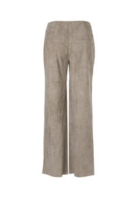 Hellgraue Wildleder-Hosen im weit geschnittenen Design mit glatter Textur. Verfügt über zwei Gesäßtaschen und einen taillierten Bund für eine figurbetonte Passform.