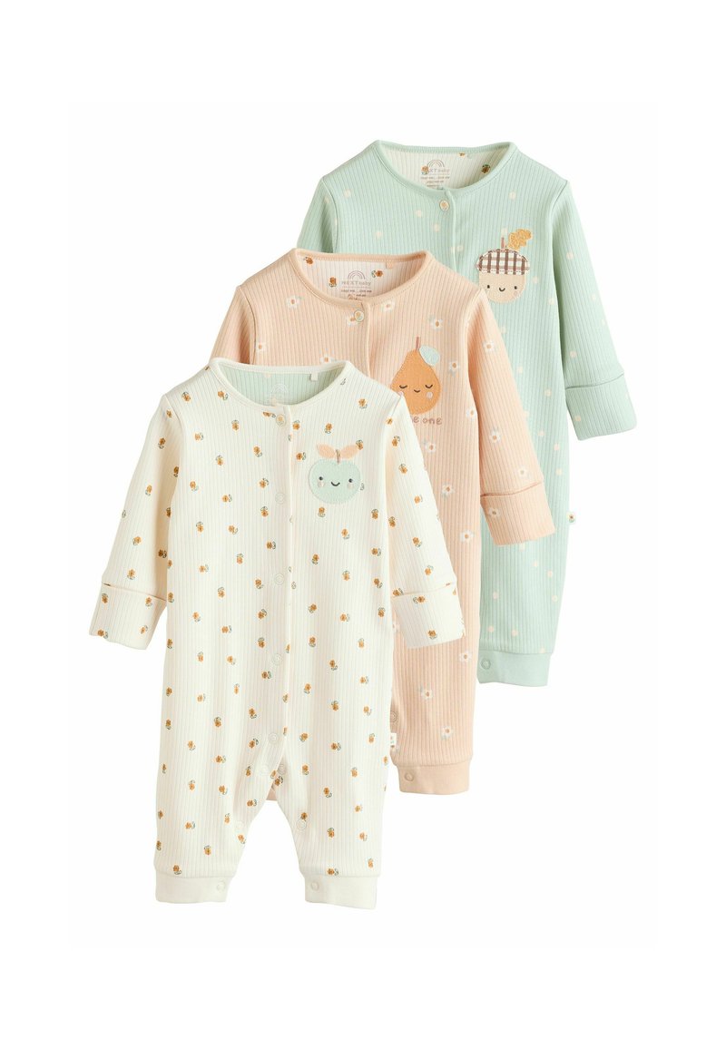 Tre baby rompers i hvid, pink og grøn ribbet stof med blomsterprint. Hver enkelt har et sødt karaktermotiv og knaplukninger.