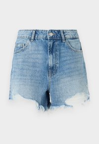 Ανοιχτό μπλε τζιν σορτς με φθαρμένο τελείωμα, ιδιαίτερο φθαρμένο σχέδιο, ψηλή μέση και σχεδιασμό με πέντε τσέπες. Κλείσιμο με μεταλλικό κουμπί μπροστά.