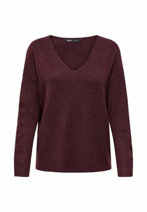 Burgundy knit sweater with a V-neck, dropped shoulders, and ribbed cuffs. Soft texture, relaxed fit, and minimalistic design details.