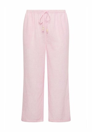 Hellrosa locker sitzende Hose mit elastischem Bund und Kordelzug, verziert mit kleinen Holzperlen auf weißem Hintergrund.