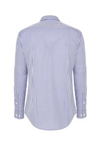 Koszula z długim rękawem w białe i granatowe pionowe paski, z kołnierzykiem i mankietami na guziki, o gładkiej, tkanej strukturze.