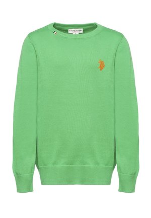 Maglione verde chiaro con scollo tondo, maniche lunghe, polsini e orlo a costine, con un piccolo logo arancione ricamato sul petto.