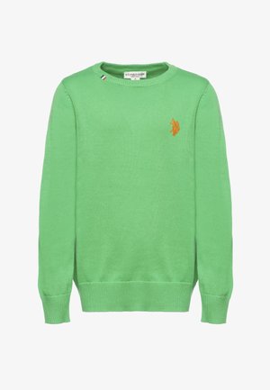 Maglione verde chiaro con scollo tondo, maniche lunghe, polsini e orlo a costine, con un piccolo logo arancione ricamato sul petto.