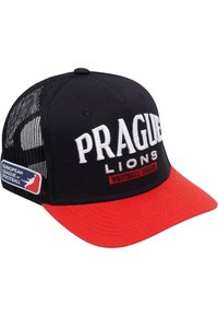 Black and red cap with a structured front, mesh back, featuring white embroidered text reading "PRAGUE LIONS" and a logo patch on the side.