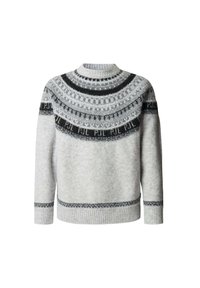 Pull en maille gris clair avec un col rond, doté d'un empiècement à motif en gris foncé et noir. Poignets et ourlet côtelés.