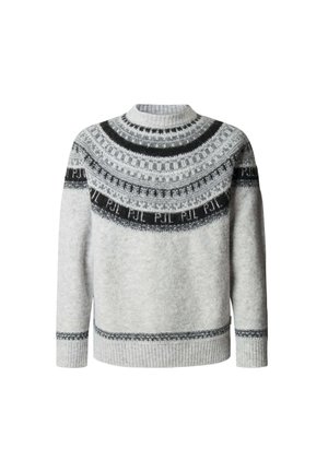 Suéter de punto gris claro con cuello redondo, que presenta un yugo estampado en gris oscuro y negro. Puños y dobladillo acanalados.