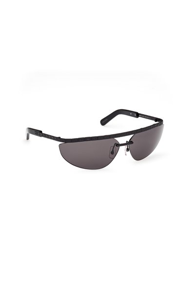 Black sunglasses with curved dark lenses and flat rectangular temples featuring a textured pattern along the top edge.