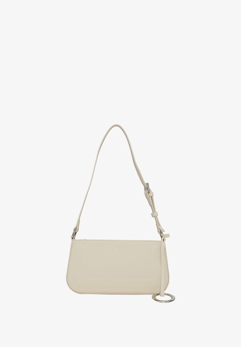 Borsa a tracolla in ecopelle beige con forma rettangolare, tracolla regolabile e dettaglio metallico circolare, caratterizzata da una superficie liscia e lucida.