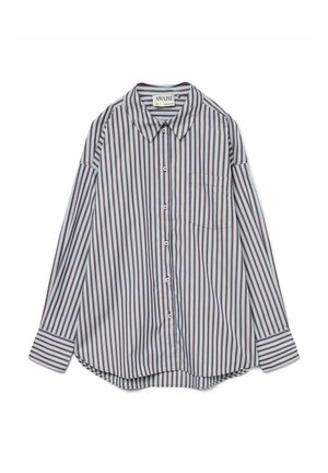 Pikaosaga pikkade varrukatega nööpidega särk triibulises mustris, kus on lilla, sinine ja valge värv. Omab kraed ja ühte rinna taskut.