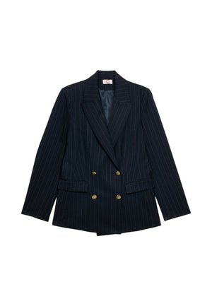 Marineblaues gestreiftes, doppelt kn�öpfbares Blazer mit goldenen Knöpfen, Reverskragen, zwei vorderen Taschen und langen Ärmeln. Glatte Stofftextur.