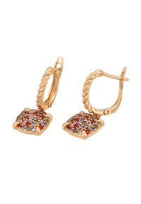 Orecchini a cerchio in tono oro con design a corda, con pendenti quadrati decorati con pietre brillanti multicolori e quattro dettagli a graffetta.