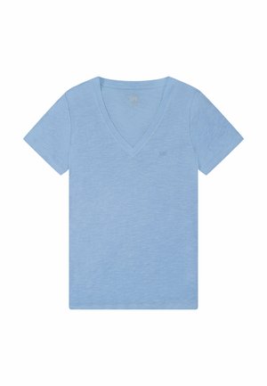 T-shirt azzurro chiaro a maniche corte con scollo a V e logo "Lee" discreto sul petto, distesa su sfondo bianco.