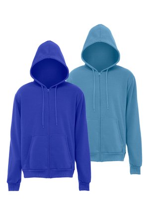Dwie proste bluzy z kapturem na zamek, jedna królewsko niebieska z przodu, druga jasnoniebieska z tyłu, obie z kieszeniami z przodu i sznurkami.