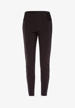 Zwarte rekbare broek met een nauwsluitend ontwerp, voorzien van een gladde textuur en een tailleband die wordt geaccentueerd door een contrasterend zwart paneel.