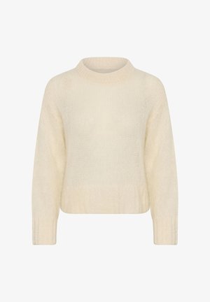 Pull en maille de couleur crème avec un col rond, des manches longues et une coupe légèrement courte. Texture douce et bords-côtes aux poignets et à l'ourlet.