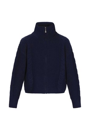 Navyblauw gebreide trui met een hoge kraag en volledige ritssluiting. Bevat gestructureerde kabelpatronen langs de mouwen en het lichaam.