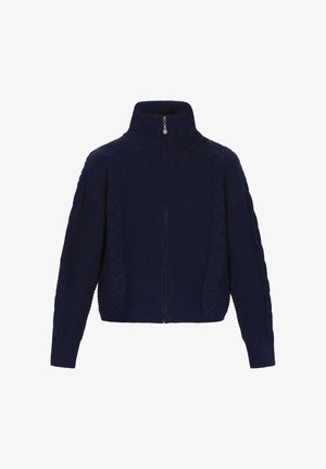 Navyblauw gebreide trui met een hoge kraag en volledige ritssluiting. Bevat gestructureerde kabelpatronen langs de mouwen en het lichaam.
