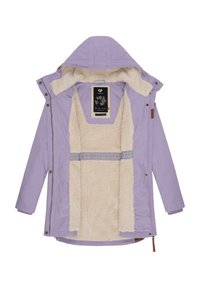 Purple outer jacket with a soft, cream-colored fleece lining. Features a hood, snap buttons, and a patterned interior label.