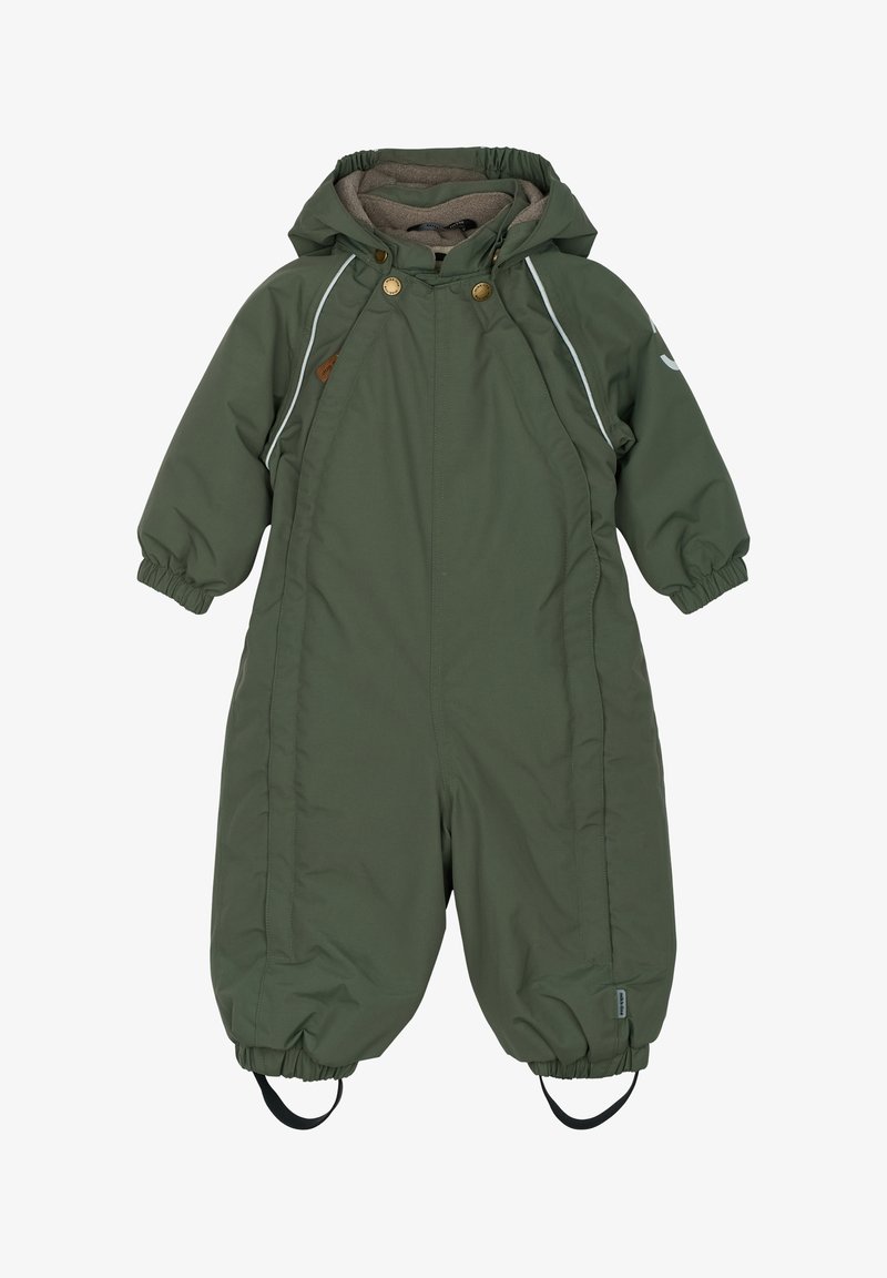 Groen geïsoleerd overall met een capuchon, elastische manchetten en verstelbare banden bij de enkels. Voorzien van drukknoopsluitingen en een zachte voering.