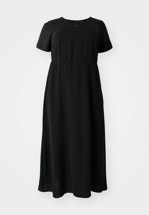 Schwarzes Maxikleid mit kurzen Ärmeln, das mit Spitzenverzierungen am Oberteil, einem runden Ausschnitt und einer gerafften Taille für eine lockere Passform versehen ist.