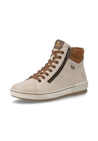Baskets montantes beige et marron avec fermeture éclair sur le côté, lacets marron, semelle en caoutchouc et col rembourré au niveau de la cheville.