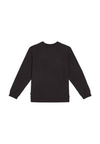 Sudadera negra de manga larga con cuello redondo, hecha de tejido de mezcla de algodón. Presenta puños y dobladillo acanalados. Vista trasera; sin gráficos ni patrones.