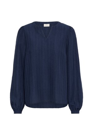 Blusa a maniche lunghe blu navy con una sottile trama verticale, scollo a V e polsini elasticizzati sulle maniche.