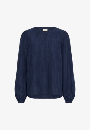 Blusa a maniche lunghe blu navy con una sottile trama verticale, scollo a V e polsini elasticizzati sulle maniche.