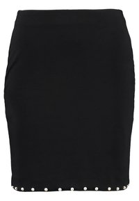 Schwarzer Bleistiftrock aus glattem Stoff, mit dekorativen weißen Perlennieten am Saum für zusätzliche Details. Eng anliegendes Design.