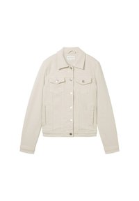 Beige denim jacket featuring a collared neck, silver buttons, two chest pockets, and side pockets with a fitted design.