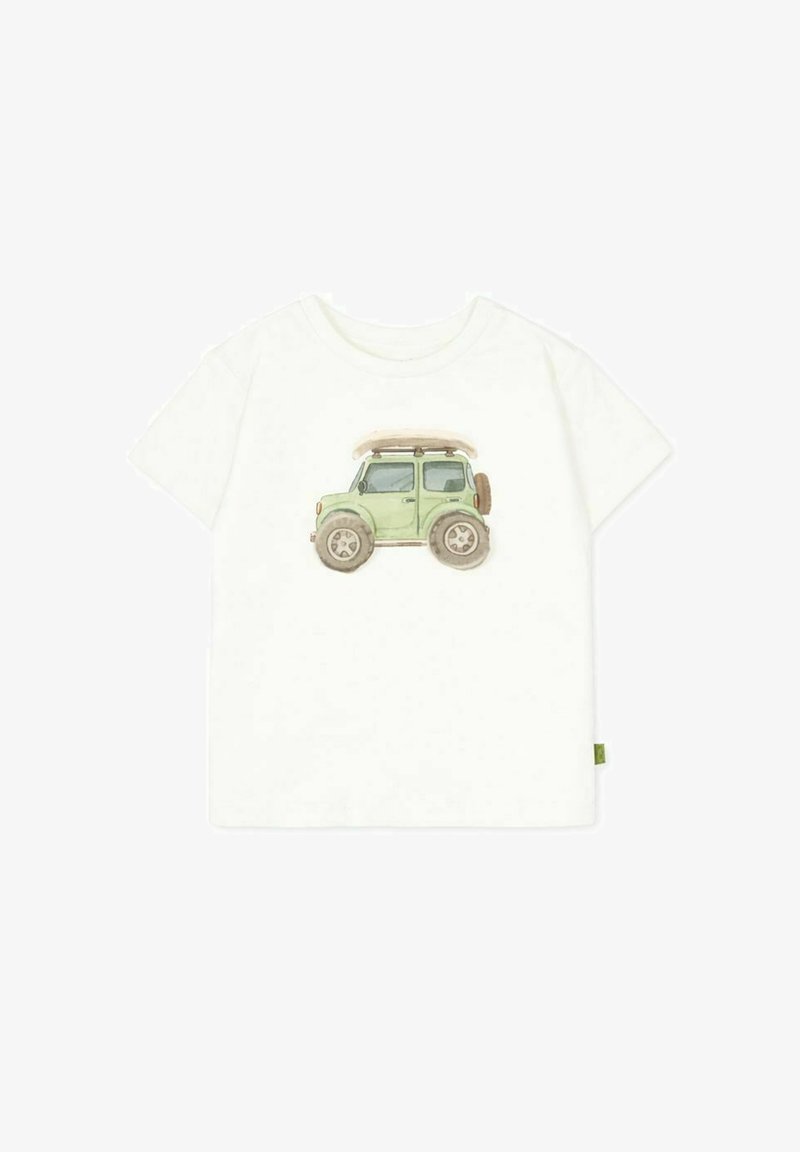 Wit korte mouw peuter T-shirt met een groene offroadvoertuig die een surfplank op het dak draagt, afgedrukt in het midden.
