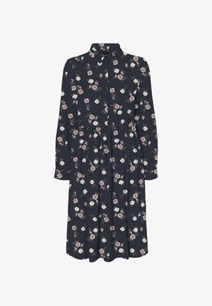 Robe longue à manches longues fleurie en bleu marine foncé avec des fleurs blanches et roses, col, devant boutonné et taille élastique, fabriquée en tissu léger.