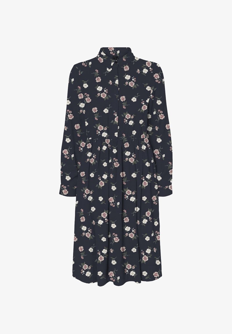 Robe longue à manches longues fleurie en bleu marine foncé avec des fleurs blanches et roses, col, devant boutonné et taille élastique, fabriquée en tissu léger.