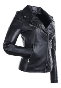Svart lädermotorcykeljacka med figursydd design, asymmetrisk dragkedja och flera dragkedjeförsedda fickor. Texturen är slät med en något glansig yta.
