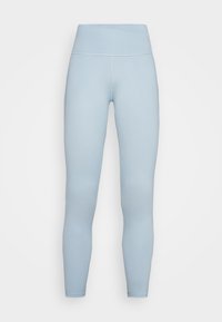 Leggings azul claro con una cinturilla alta, hechos de una tela suave y elástica. Presentan un diseño ajustado y una construcción sin costuras.