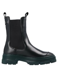 Black ankle boots with a glossy leather finish, elastic side panels, and a chunky green rubber sole for added traction and durability.