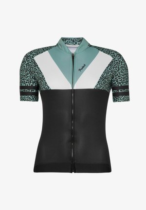 Maillot de cyclisme à manches courtes avec imprimé léopard et accents turquoise, associé à un short rembourré noir et des chaussures de cyclisme noires. Texture lisse.