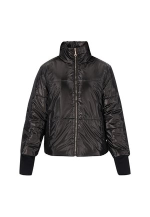 Schwarze gepolsterte Jacke mit hohem Kragen, Frontreißverschluss und elastischen Bündchen. Glattes, glänzendes Material mit gesteppten Details. Kurz geschnittenes Design.