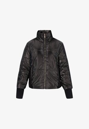 Schwarze gepolsterte Jacke mit hohem Kragen, Frontreißverschluss und elastischen Bündchen. Glattes, glänzendes Material mit gesteppten Details. Kurz geschnittenes Design.