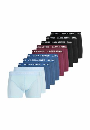 Stapeltje van negen herenboxers in zwart, bordeaux, donkerblauw en lichtblauw, elk met een elastische tailleband met merknaam "JACK & JONES."